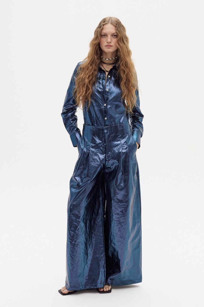 Pantalón Culotte en Lino Metalizado Azul