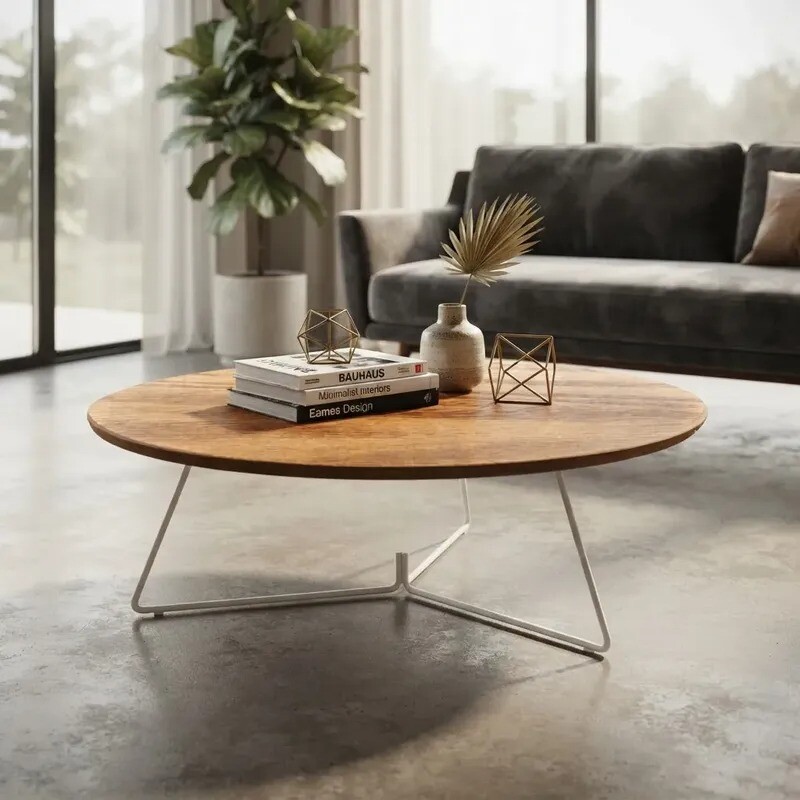 MESA DE CENTRO REDONDA - MADERA COLOR MIEL Y PIE EN METAL BLANCO - 90cms MESA DE CENTRO REDONDA - MADERA COLOR MIEL Y PIE EN METAL BLANCO - 90cms