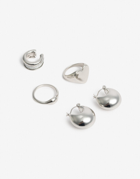 Bijouterie Set Metal Set De Aros Y Anillos - Plateado Rodio