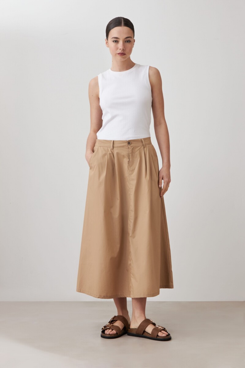 Falda midi con pinzas tostado