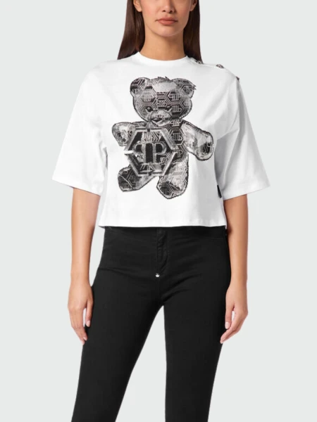 PHILIPP PLEIN - Camiseta corta con strass Oso Teddy Blanco