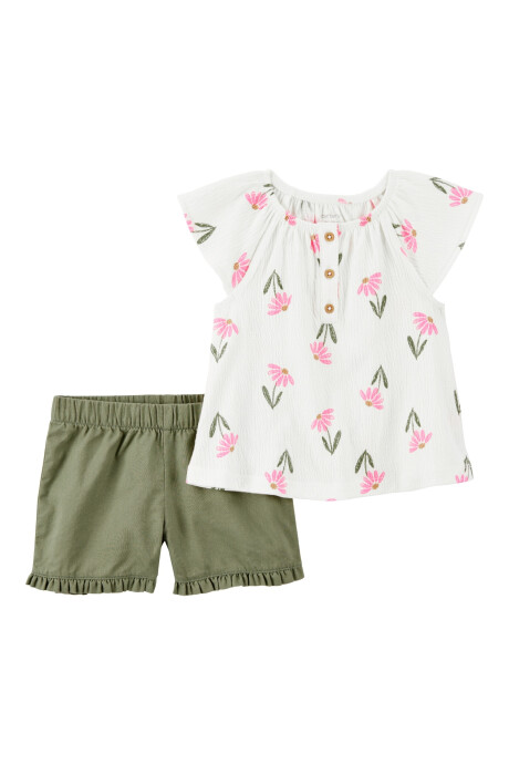 Set dos piezas, short de algodón y blusa de jersey arrugado, diseño floral Sin color