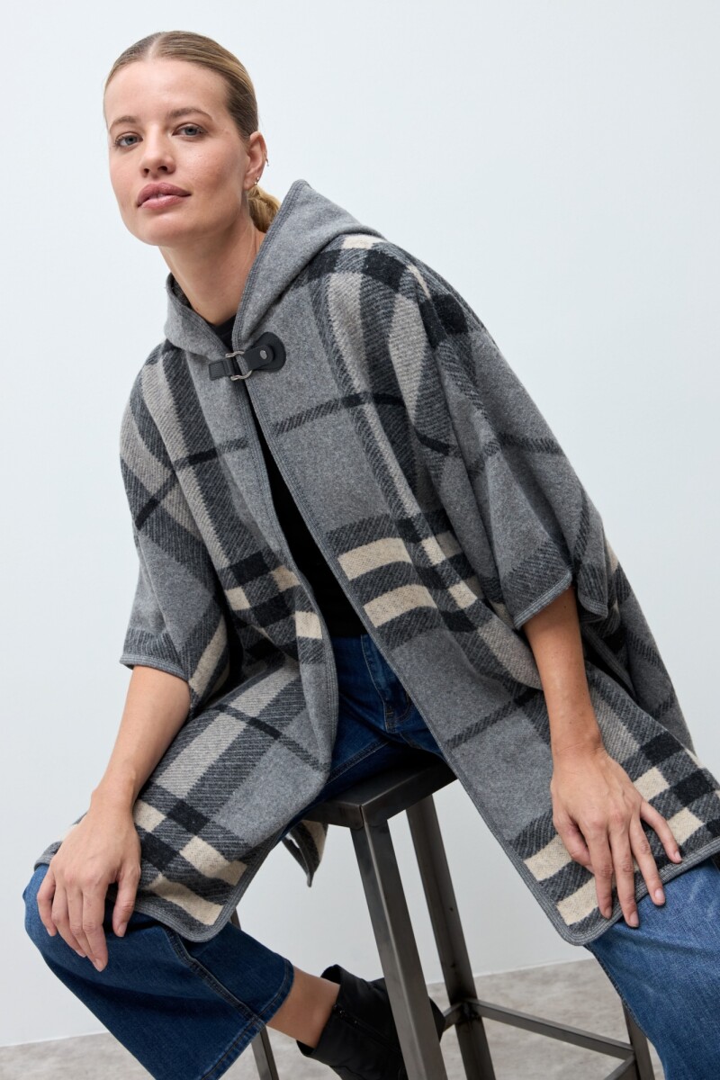 Capa cuadros con capucha - gris 