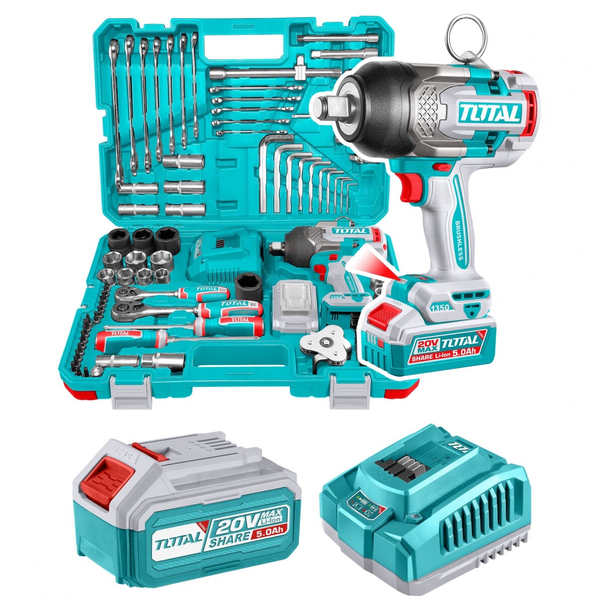 Set De 126 Piezas: Llave De Impacto Inalámbrica 20v 3/4" 1350Nm + Dados + Llaves + Puntas 