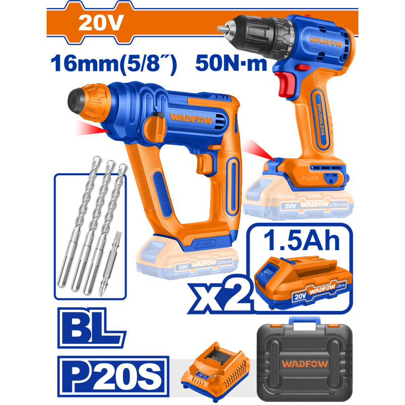 COMBO TALADRO A BATERIA BRUSHLESS + ROTOMARTILLO A BATERIA 20V P20S C/2 BAT WOS COMBO TALADRO A BATERIA BRUSHLESS + ROTOMARTILLO A BATERIA 20V P20S C/2 BAT WOS