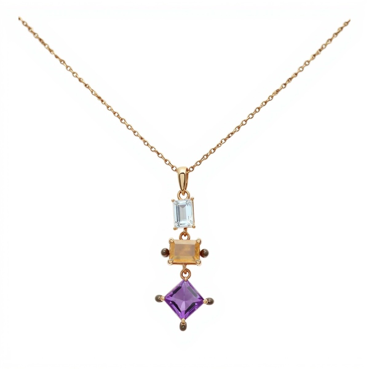 Conjunto Vishnu-Plata rodinada micra oro 18k-Piedras Topacio, Citrino, Amatista, Brillantes-CJ2002 - conpiedra 