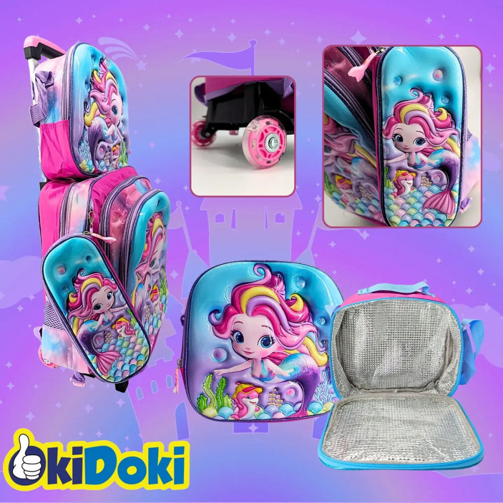 Mochila con carrito, lonchera y cartuchera. Sirena