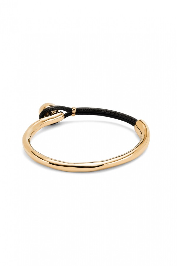PULSERA SEMIRÍGIDA DE ALEACIÓN DE METALES BAÑADA EN ORO 18K CON CUERO MARRÓN Pulsera