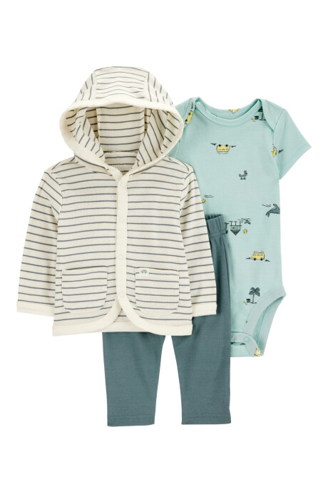 Set tres piezas de algodón, pantalón, saco con capucha y body Set tres piezas de algodón, pantalón, saco con capucha y body