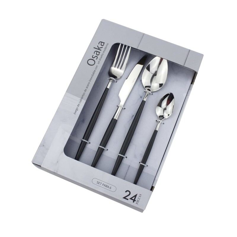 Set 24 Piezas Cubiertos Acero Inox Mango Negro Osaka SET 24 PIEZAS CUBIERTO ACERO INOX MANGO NEGRO OSAKA