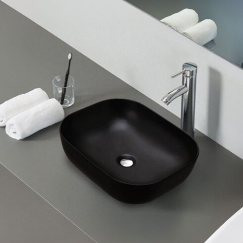 Bacha Rectangular De Apoyo De Loza Negro Mate Con Desague Negro Mate Aqualia 000
