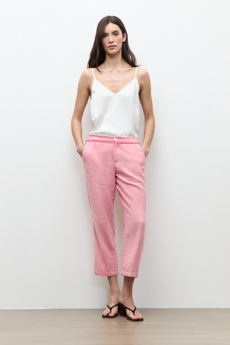 Pantalon capri lino detalle desflecado rosado melange