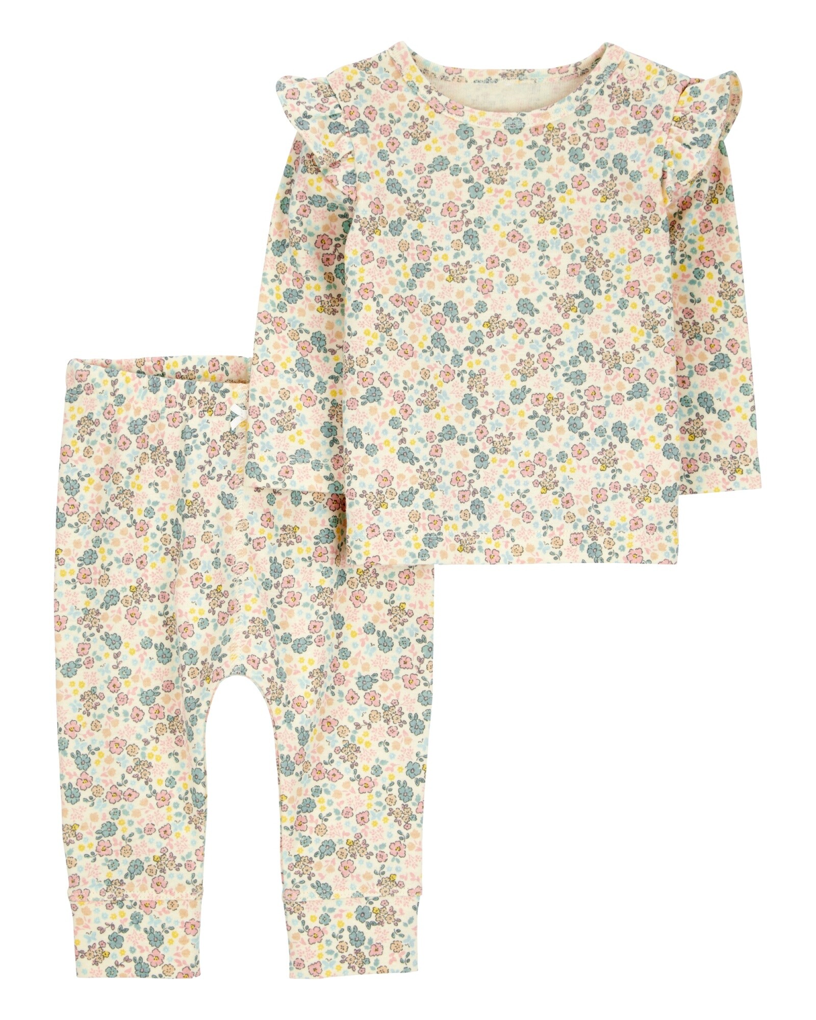 Set dos piezas de algodón, pantalón y remera, diseño floral Sin color