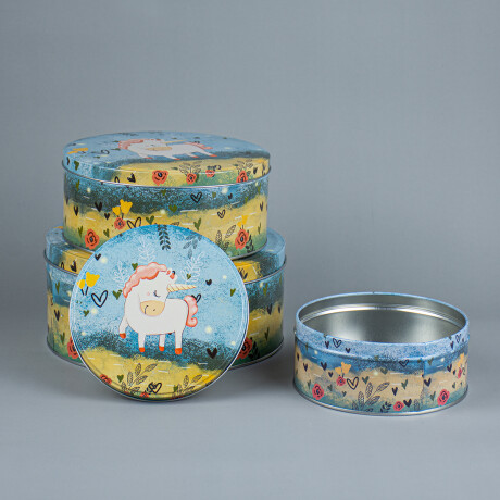 Set x3 latas redondas Unicornio fondo azul Sc