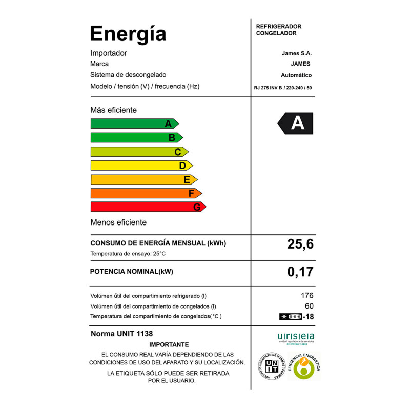 REFRIGERADOR JAMES RJ 275 Blanca Inverter 236L N/A
