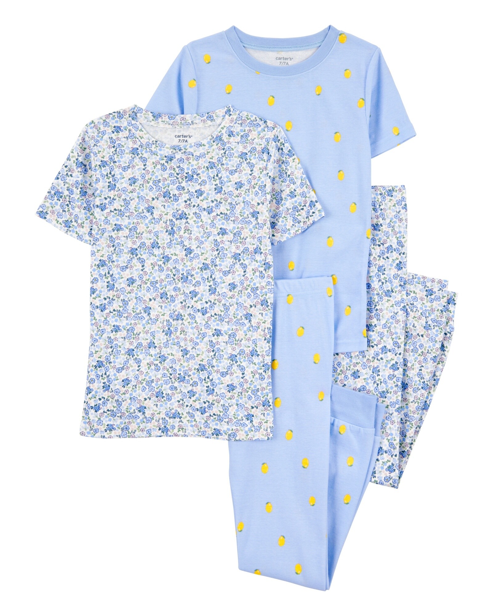 Pijama cuatro piezas de algodón, dos pantalones y dos remeras, diseño floral Sin color