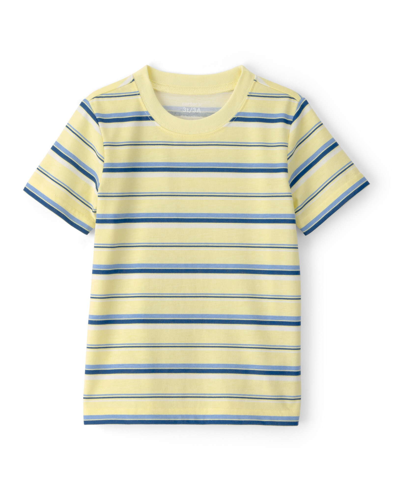Remera de algodón, manga corta, amarilla y azul, diseño a rayas Sin color