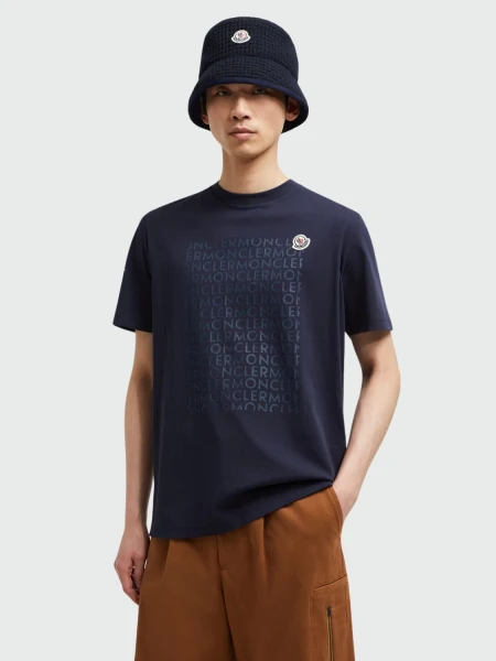 Moncler - Remera de algodón estampada con el nombre de la marca Azul