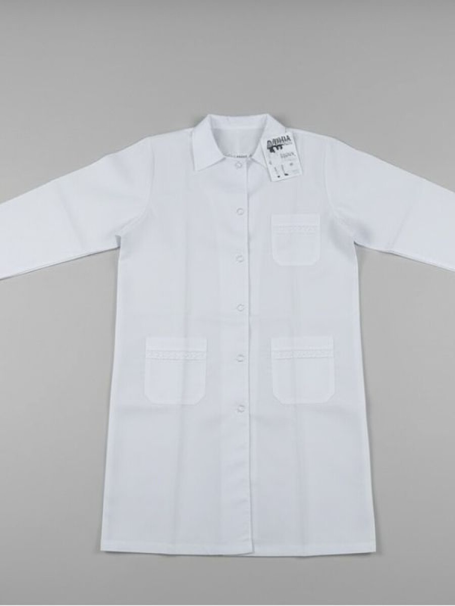 Túnica Escolar Niña Moña Azul Prendida Adelante con Puntillas en Bolsillos - Blanco 