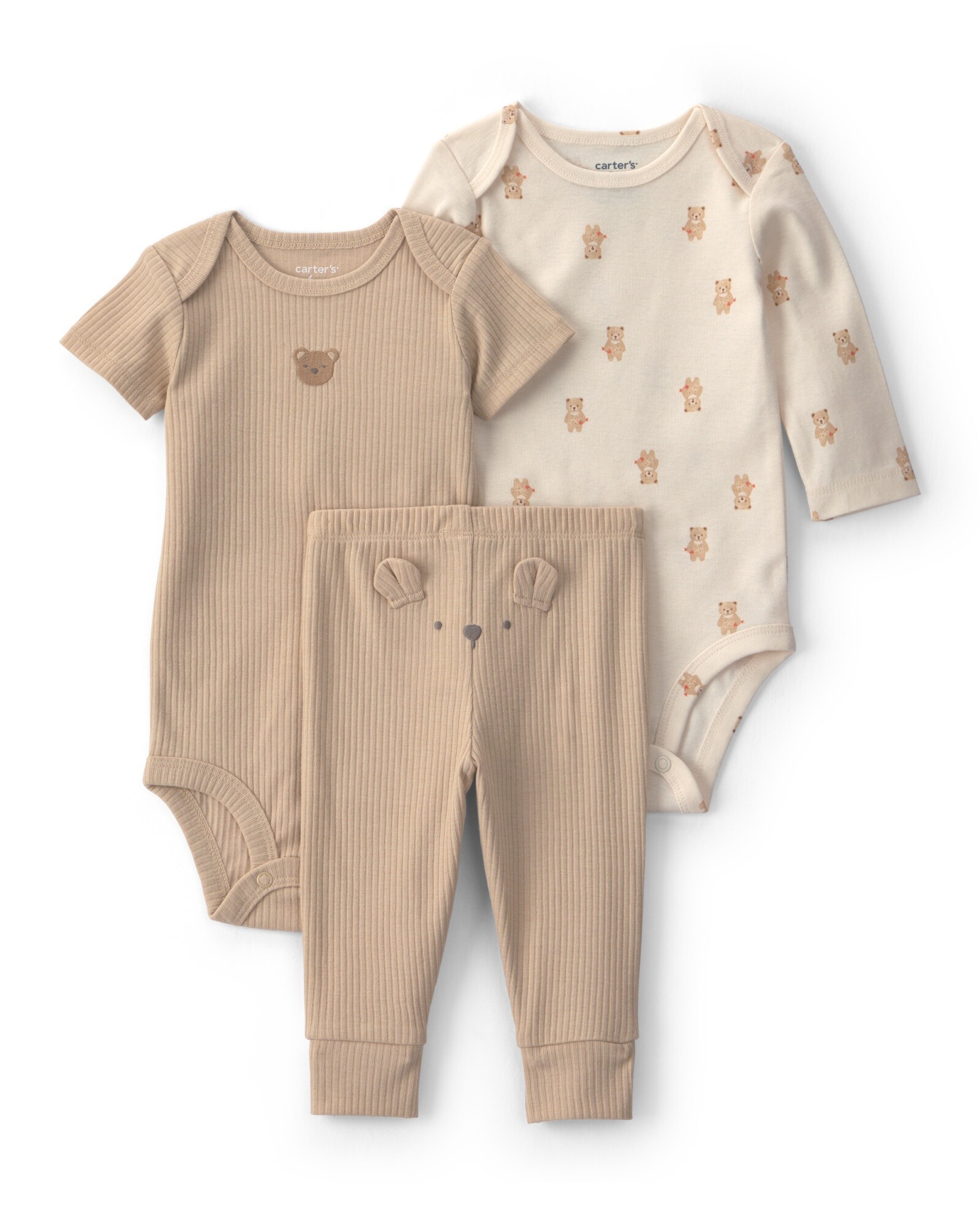 Set tres piezas de algodón, pantalón y bodies, marrón y crema, diseño osos Sin color