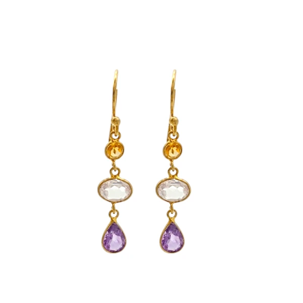 Caravanas Luisa - Plata rodinada con micra oro 18k-Piedra citrino, amatista, cuarzo rosa-CA2010 conpiedra