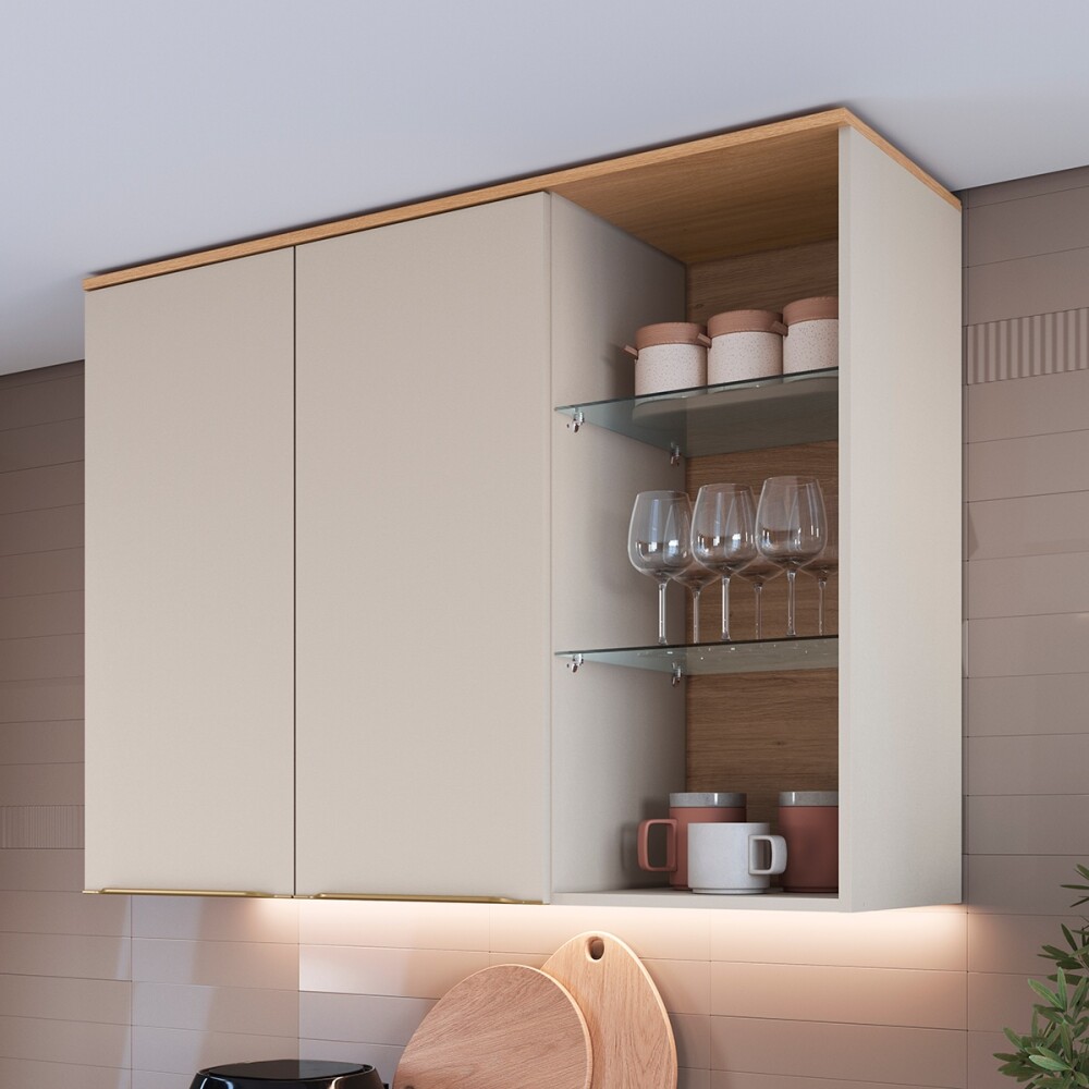 Aéreo Everest con 2 puertas y estante de vidrio1,20 m Color: Carvalho/Panna Aéreo Everest Con 2 Puertas Y Estante De Vidrio1,20 M Color: Carvalho/panna