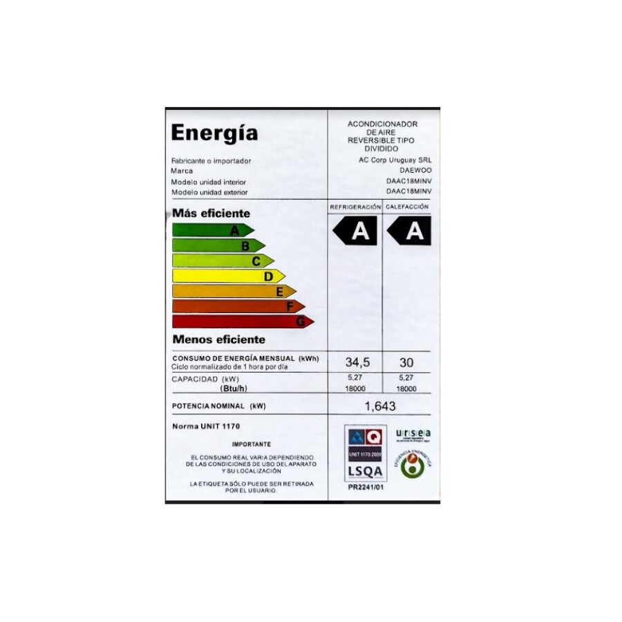 Aire Acondicionado 18.000 BTU WIFI inverter Daewoo DAAC18MINV Aire Acondicionado 18.000 BTU WIFI inverter Daewoo DAAC18MINV
