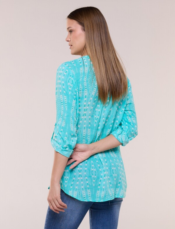 Blusa Estampada Con Escote En V Y Botones VERDE AGUA