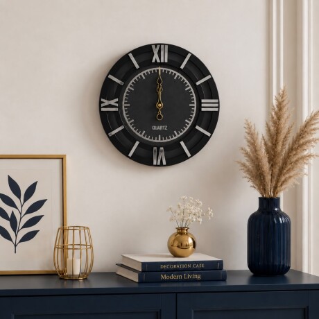 Reloj de Pared Negro con Números Romanos en Relieve- Ø 40cm Reloj de Pared Negro con Números Romanos en Relieve- Ø 40cm