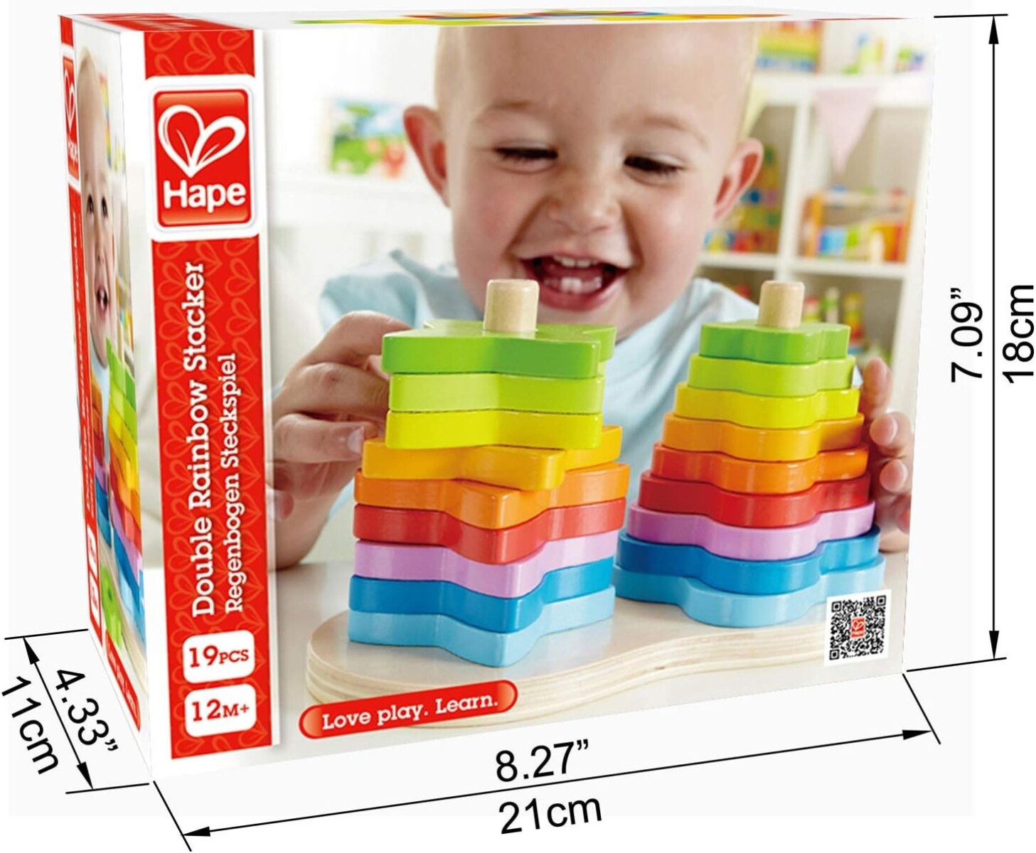 Juego de anillos de madera con doble apilador de arco iris 