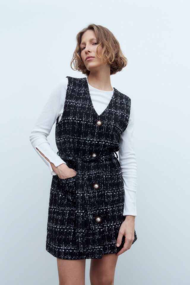 Chaleco tweed con botones de perla negro