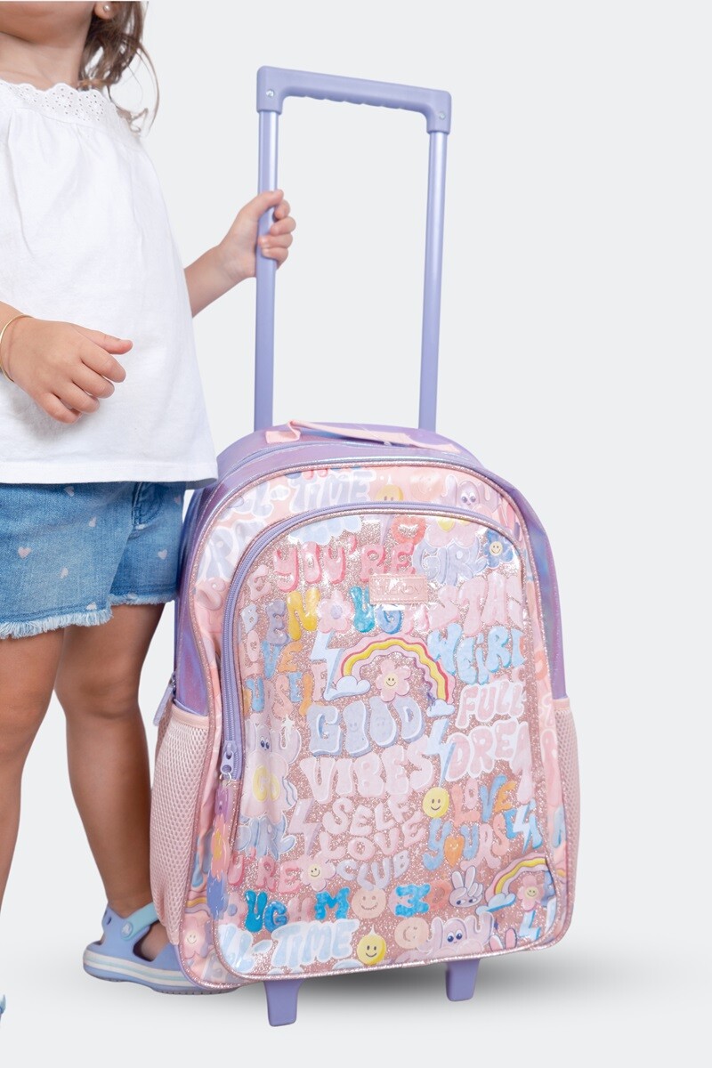 Mochila escolar con ruedas estampada Rosa