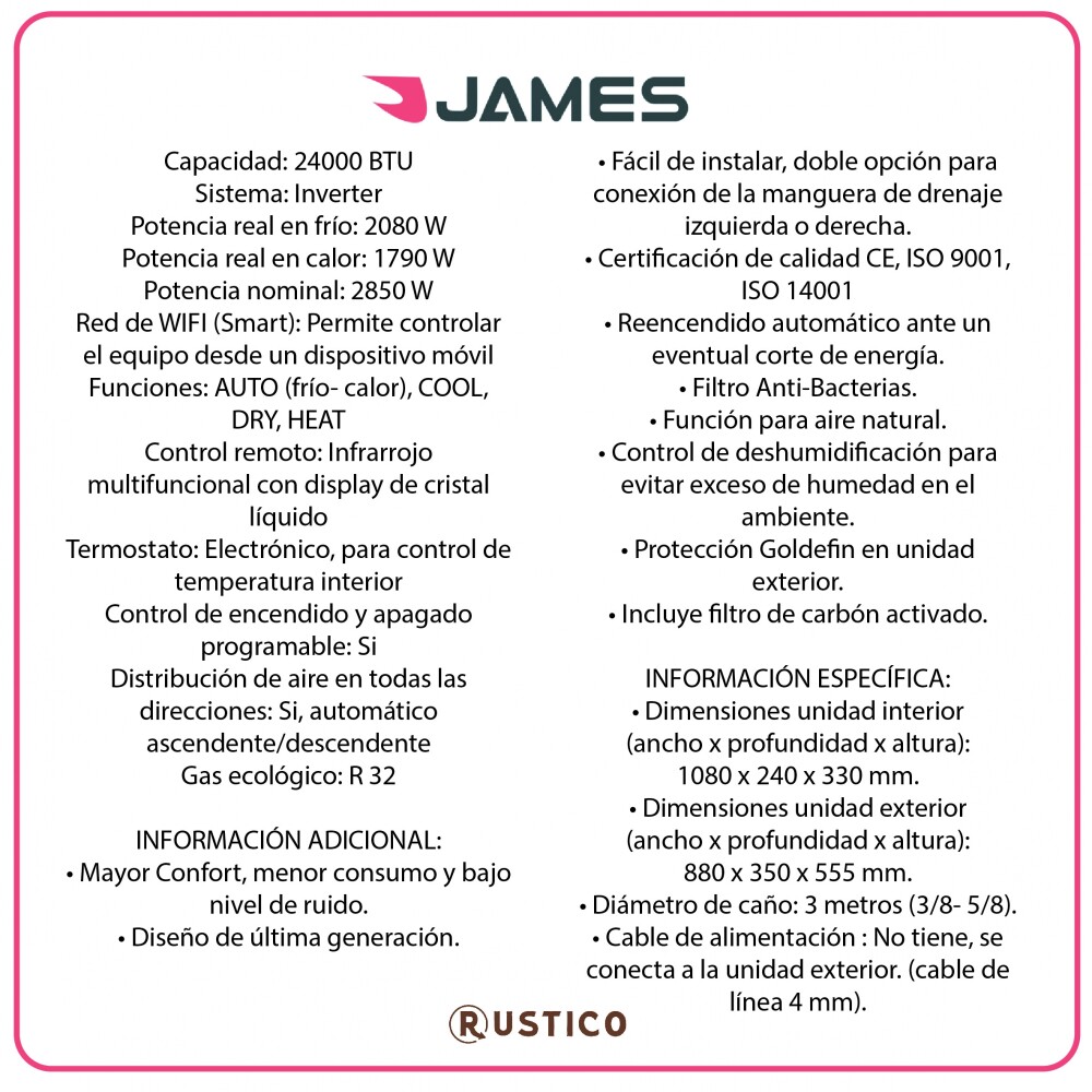 Aire Acondicionado Split Inverter - 24000 Btu - James Aire Acondicionado Split Inverter - 24000 Btu - James