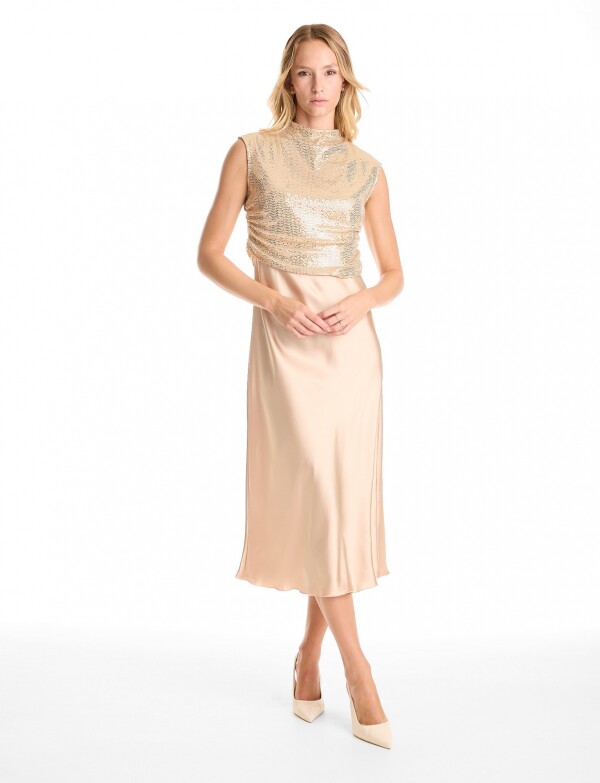 Vestido Noche Midi Satinado Con Top De Lentejuelas DORADO