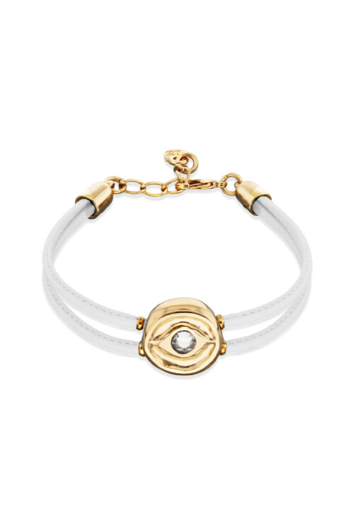 PULSERA DE CUERO DOBLE BLANCO CON DETALLE DE OJO EN ALEACIÓN DE METALES BAÑADO EN ORO DE 18K Y CRISTAL Pulsera