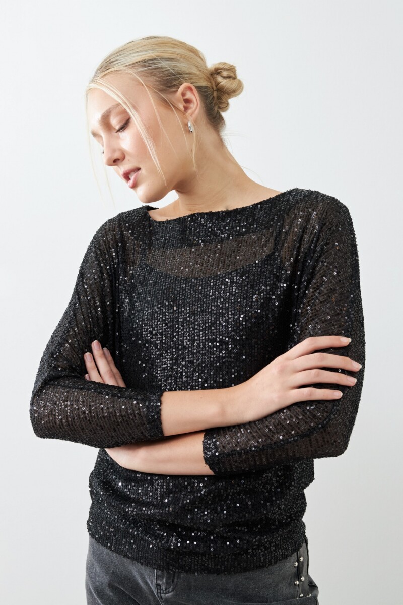 Blusa lentejuelas manga dollman negro