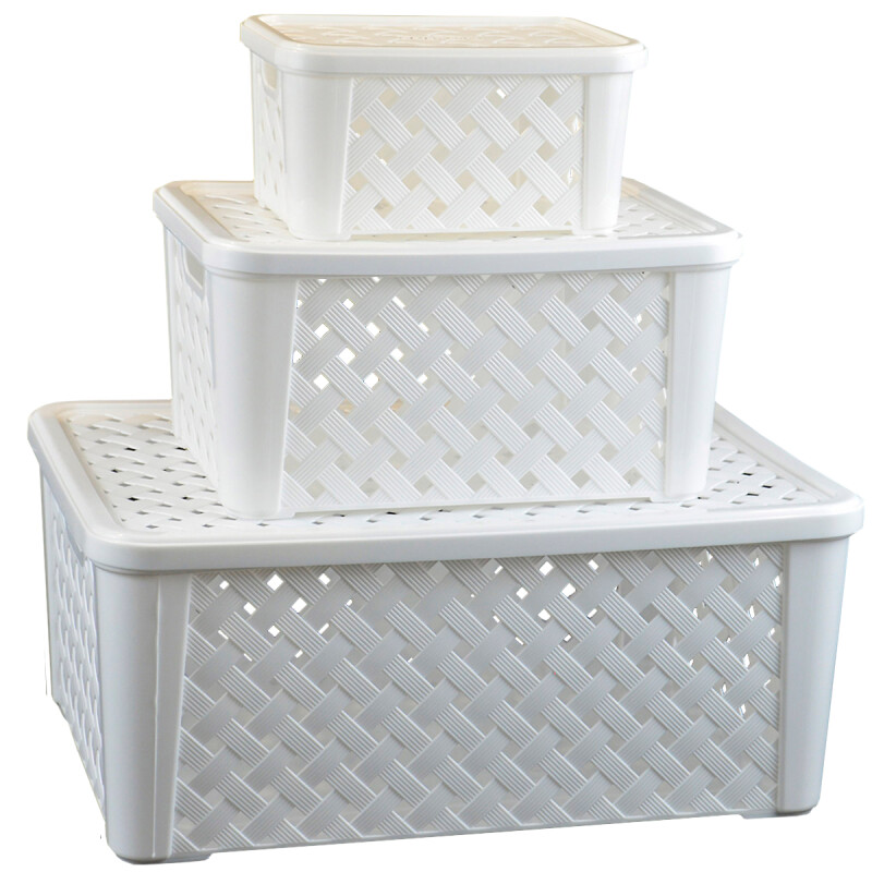 Set x3 Caja organizadora simil rattán con tapa M BLANCO