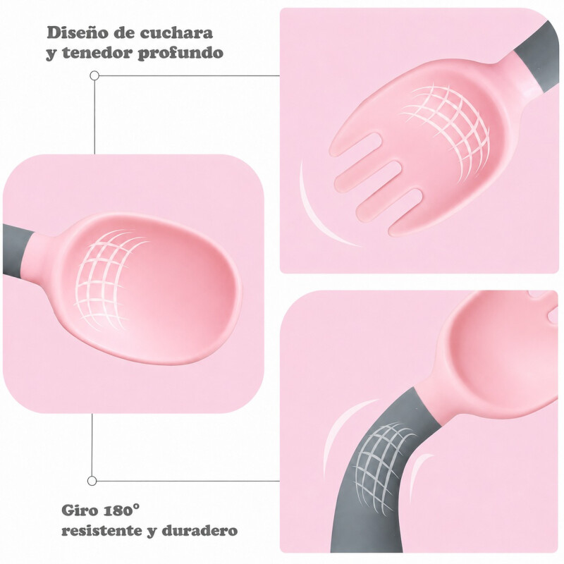 Juego de Cubierto de Silicona y Plástico con Estuche Rosa
