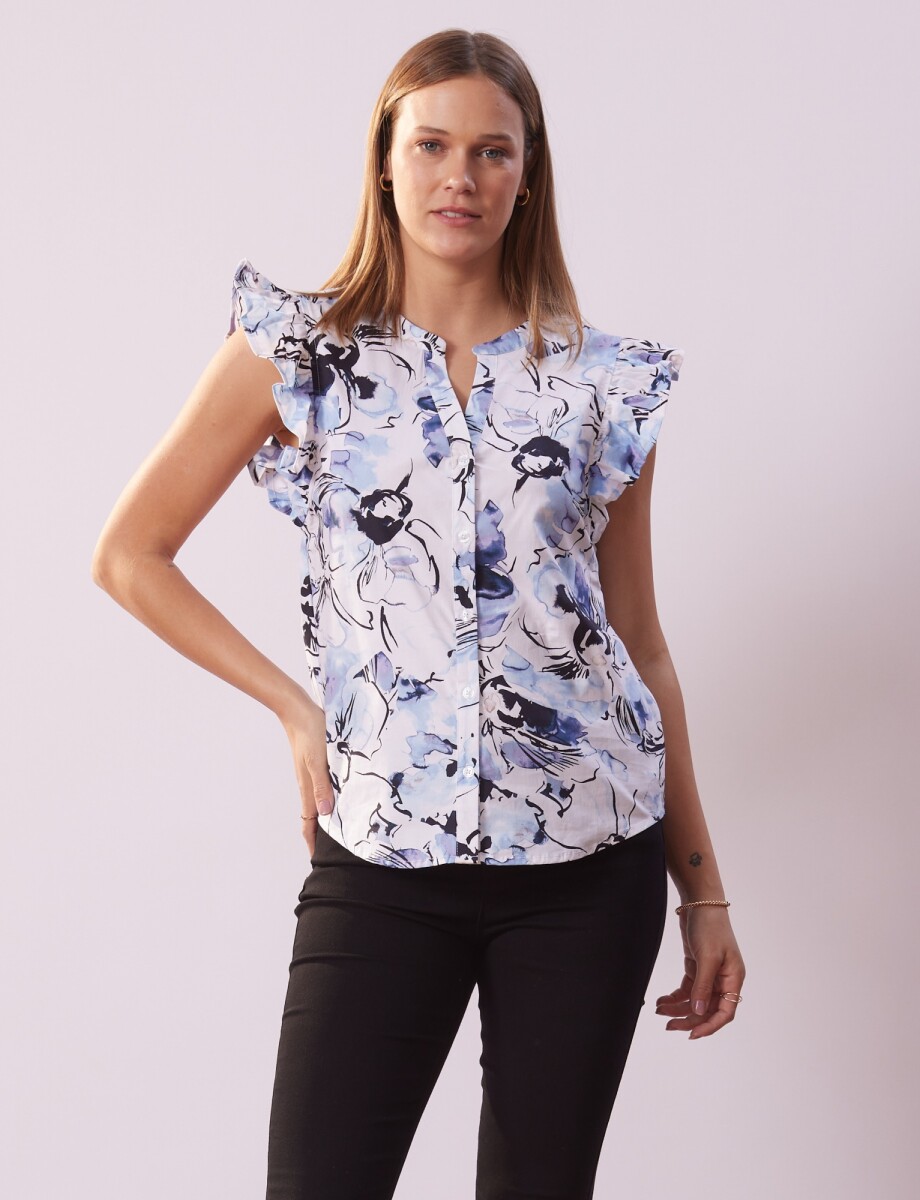 Blusa Printed Manga Volados - Multi/blanco 