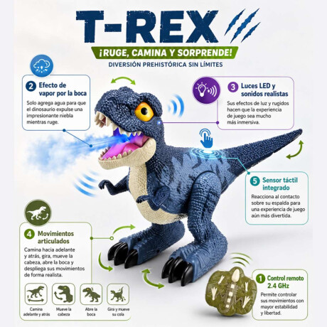 Dinosaurio a control remoto con luces y humo Azul