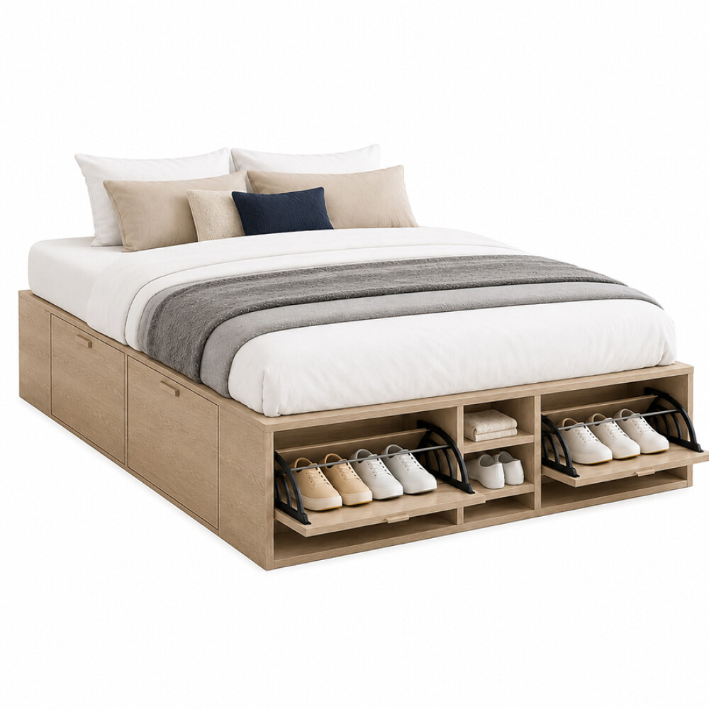 Cama Queen Size 1.60 mt - con zapatera y cajones Beige