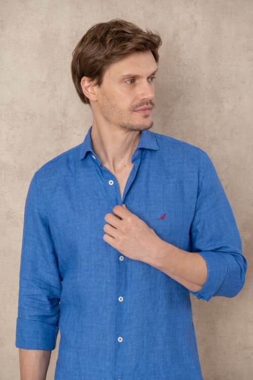 Camisa Lino Hudson Collar Azul melange