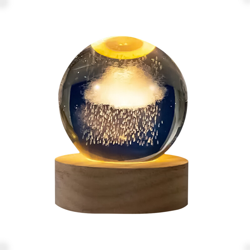 Lampara Veladora Bola de Cristal de 6 CM con Led y Base de Madera Nube LLuviosa