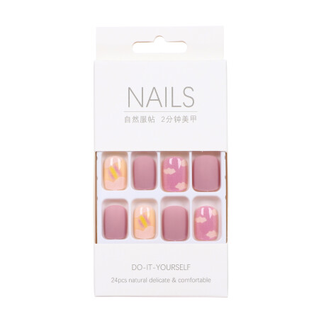 Set De Uñas Postizas Rousi Punta Cuadrada Nubes Rosas