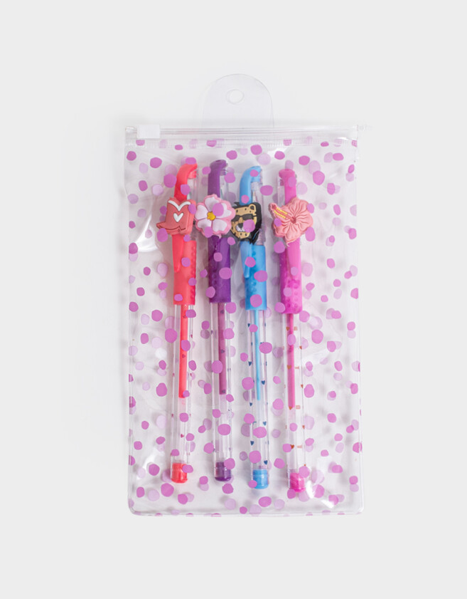 Lapices y Lapiceras Diseño propio Set De 4 Lapiceras Con Topper En Estuche De Pvc Estampado - Combinacion Multicolor