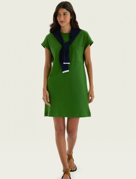 VESTIDO BÁSICO FEMENINO MANGA CORTA CON BOLSILLO VERDE