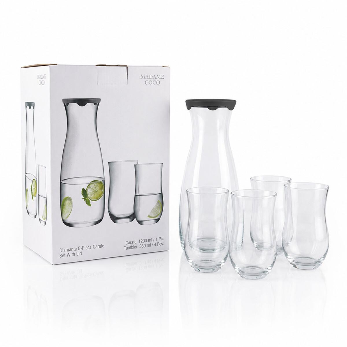 Set Botella Vidrio c/Tapa 1,2L+4 Vasos 360ml Diseño Moderno - Transparente 