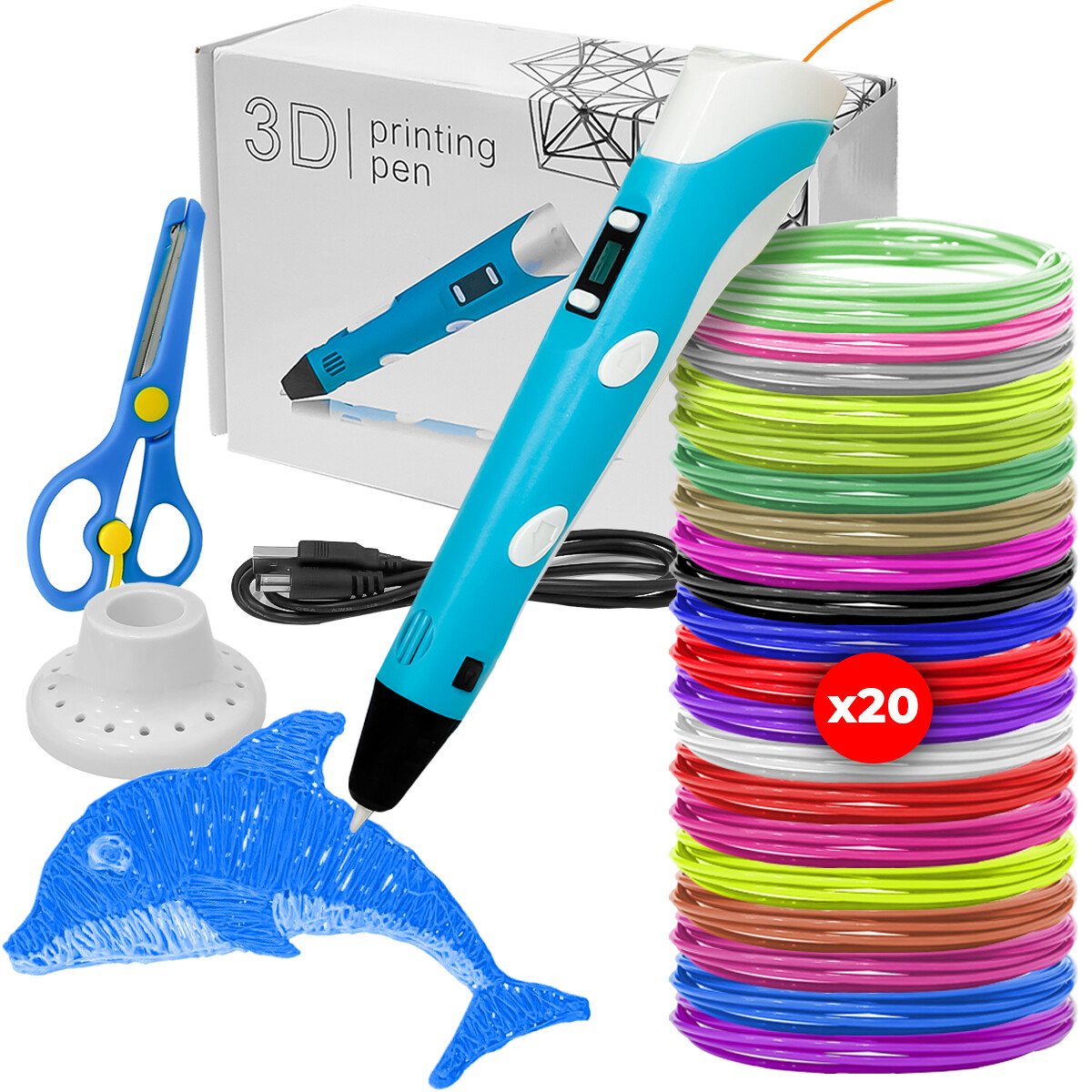Lápiz Impresora 3d + 20 Filamentos Marcador Lapicera - Azul 
