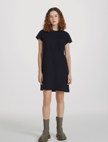 VESTIDO BÁSICO FEMENINO MANGA CORTA CON BOLSILLO NEGRO