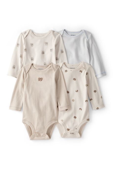 Pack cuatro bodies de algodón, diseño snacks Sin color